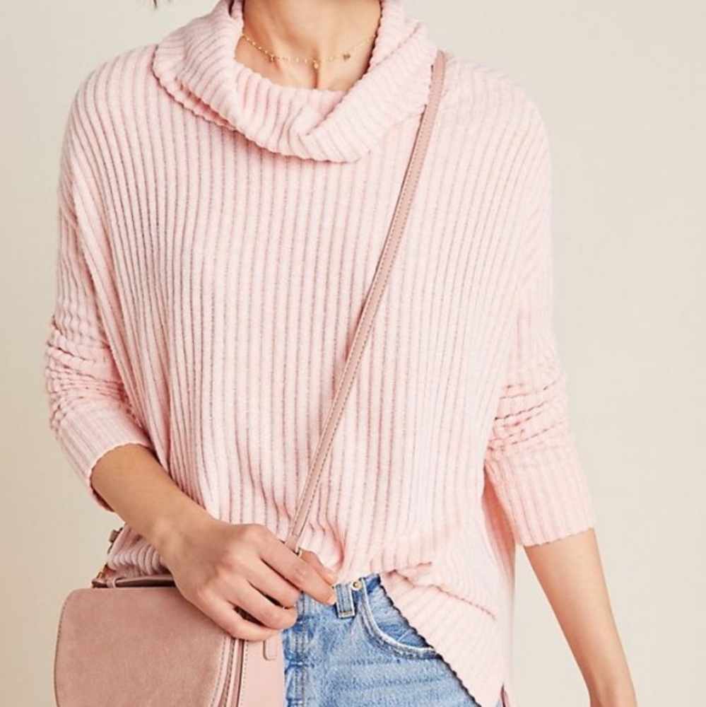 Maeve Anthropologie Light Pink Ribbed Cowl Turtleneck Sweater Medium - Picture 2 of 13